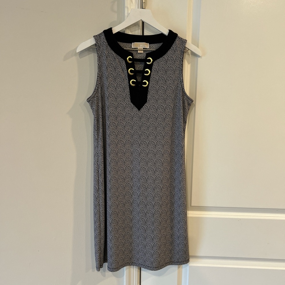 Michael Kors Black and White Mini Dress with Gold Details